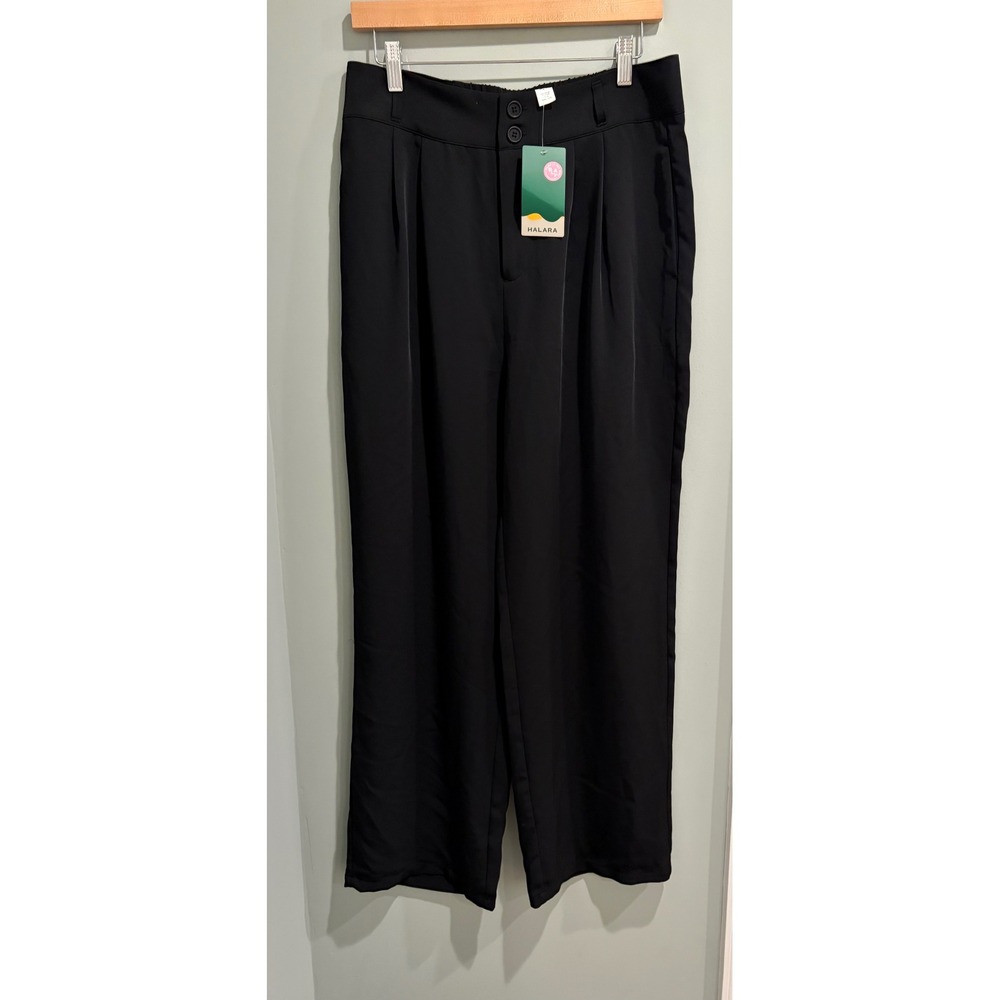Halara Black Wide Leg Pleated Trousers High Waisted Elastic Back Pants Large